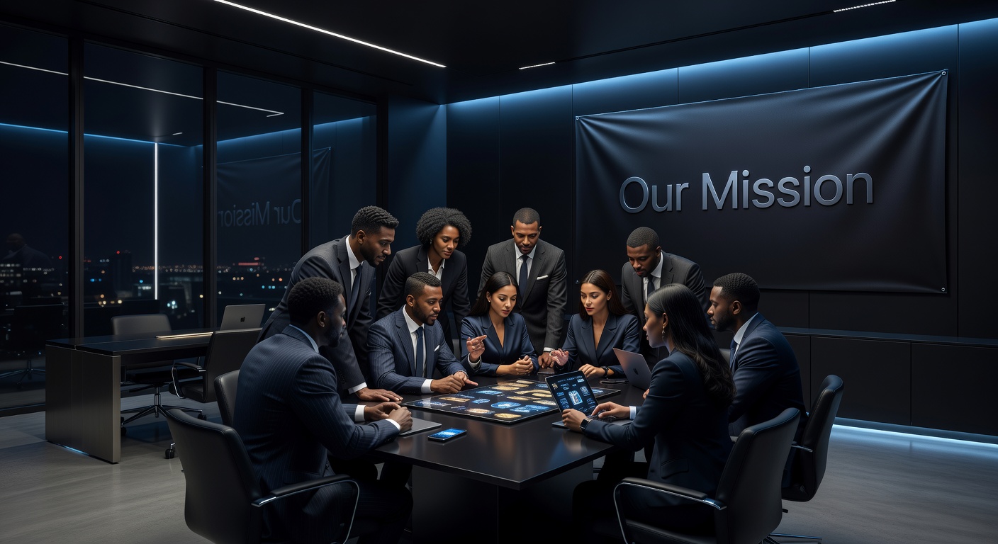 Professional team planning premium social casino product in a dark modern office with sky blue ambient lighting