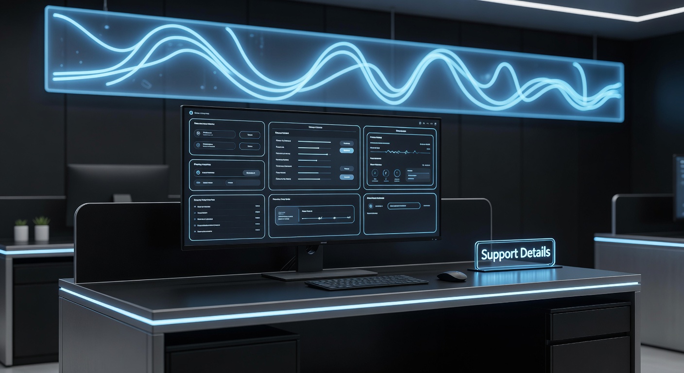 Customer support workstation with modern dark interface and refined sky blue neon accents